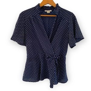 Monteau navy polka dot faux wrap blouse size M